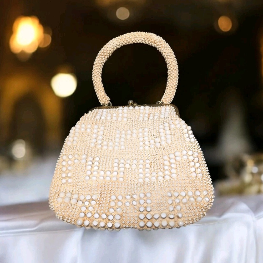 Vintage Women's White Micro Beaded Kiss Lock Evening Bag Mid-Century Small